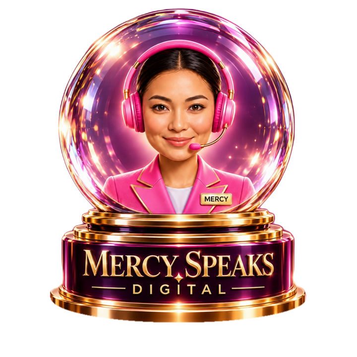 Mercy Speaks Digital logo: a woman with a headset inside a glass globe on a gold base engraved Mercy Speaks Digital